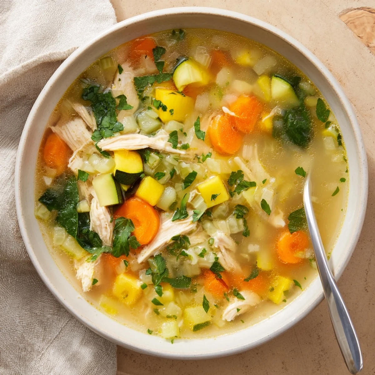 A steaming bowl of The Best Healing Chicken Soup features tender shredded chicken, carrots, and spinach in a golden turmeric-infused broth.
