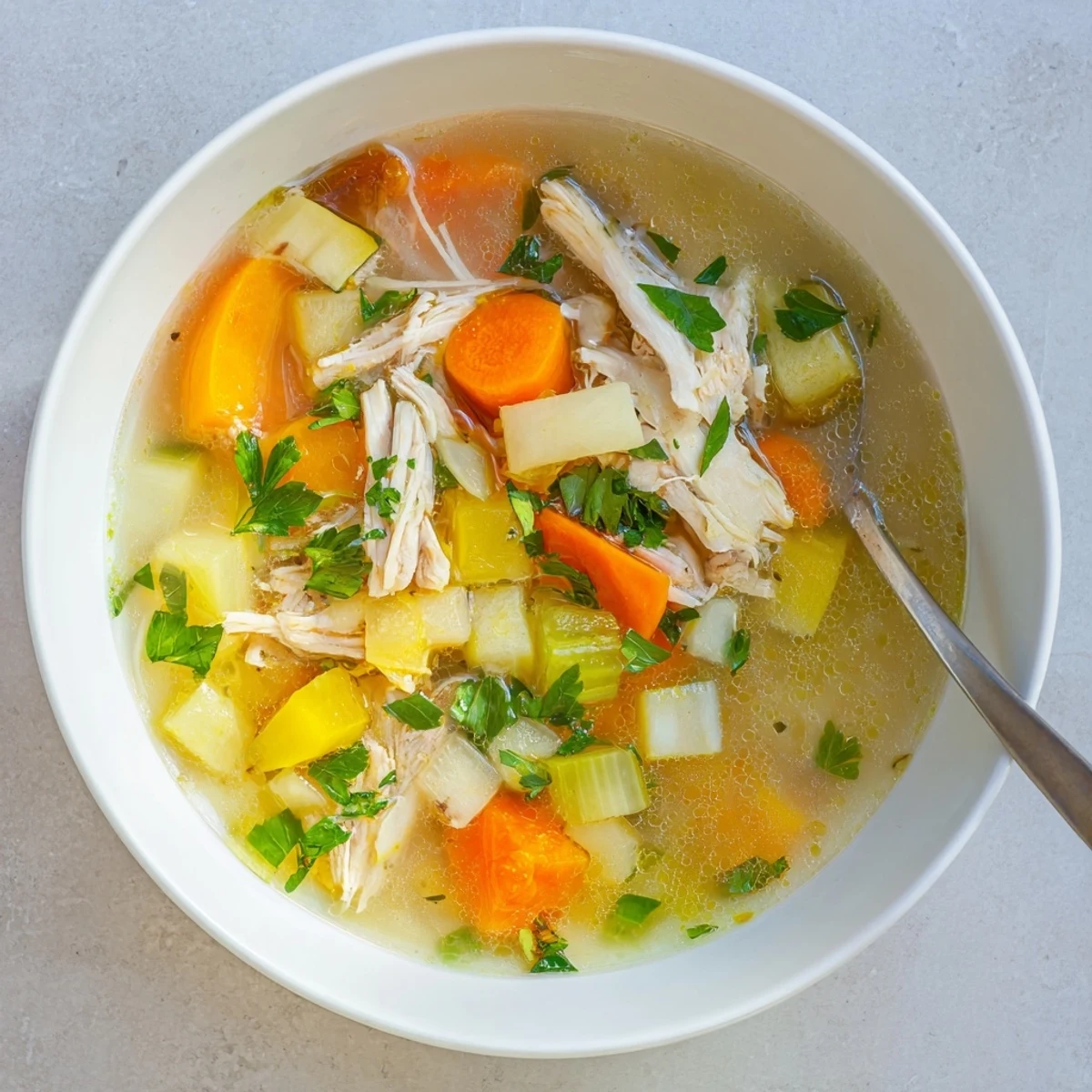 Close-up of The Best Healing Chicken Soup, showcasing celery, carrots, and shredded chicken in a savory, aromatic broth perfect for recovery.
