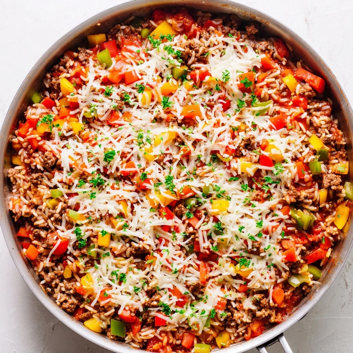 The finished Unstuffed Pepper Skillet is topped with melted mozzarella and fresh parsley, served alongside a crisp green salad for a comforting weeknight dinner.
