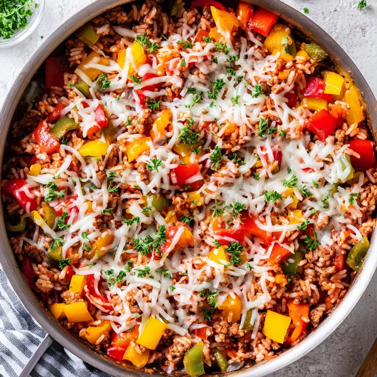 This quick, one-pan Unstuffed Pepper Skillet features golden melted mozzarella and diced vegetables, perfect for a cozy, gluten-free family meal at home.