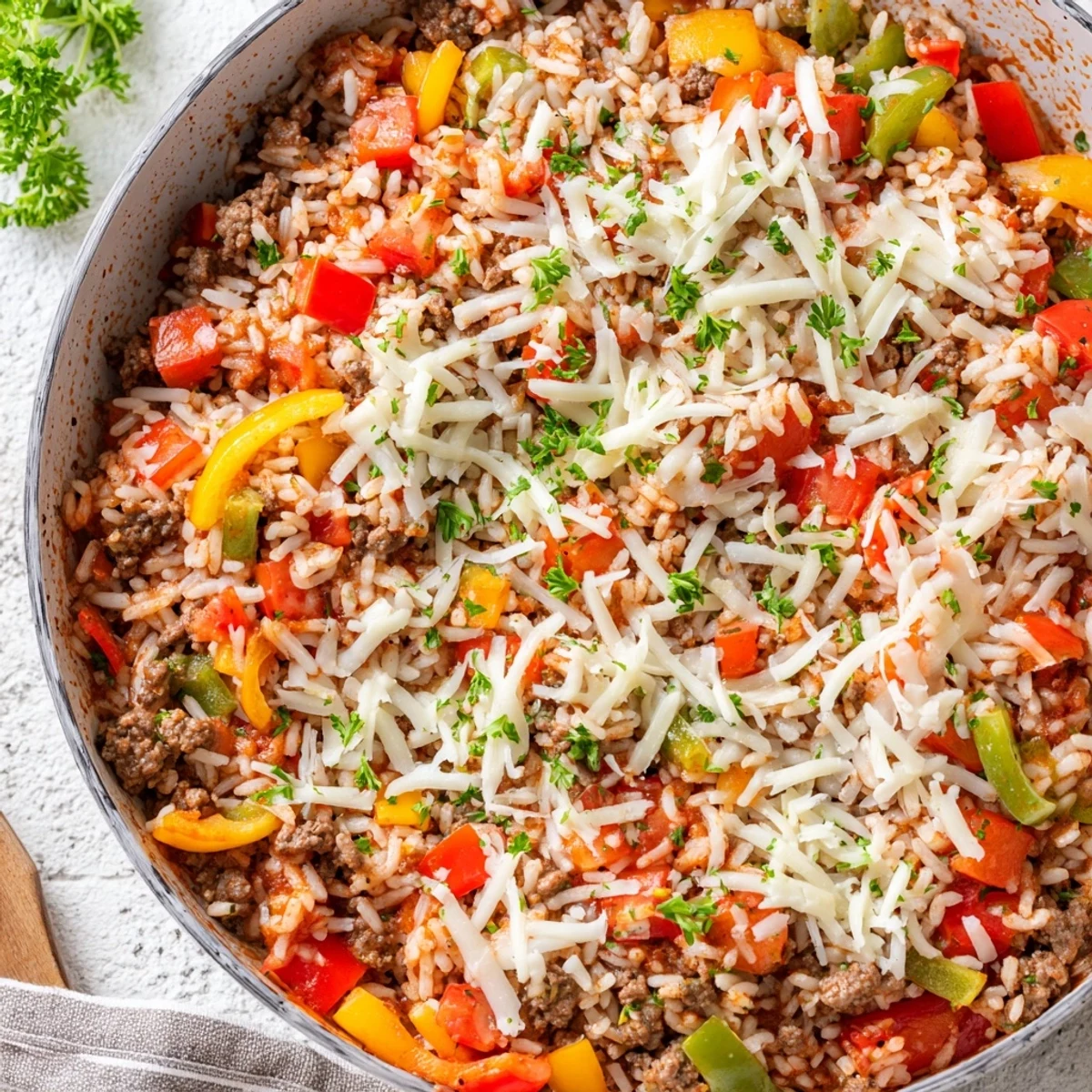 A close-up of the hearty Unstuffed Pepper Skillet reveals tender chunks of bell pepper, savory ground beef, and fluffy rice in a rich tomato sauce.