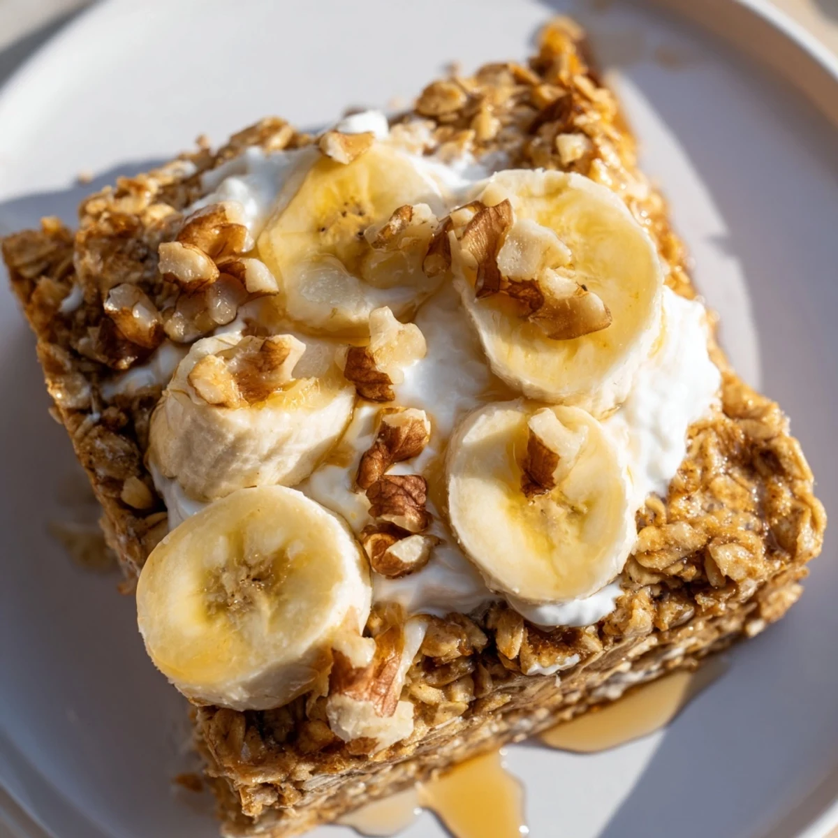 A close-up of baked banana oatmeal squares topped with Greek yogurt and fresh banana slices.