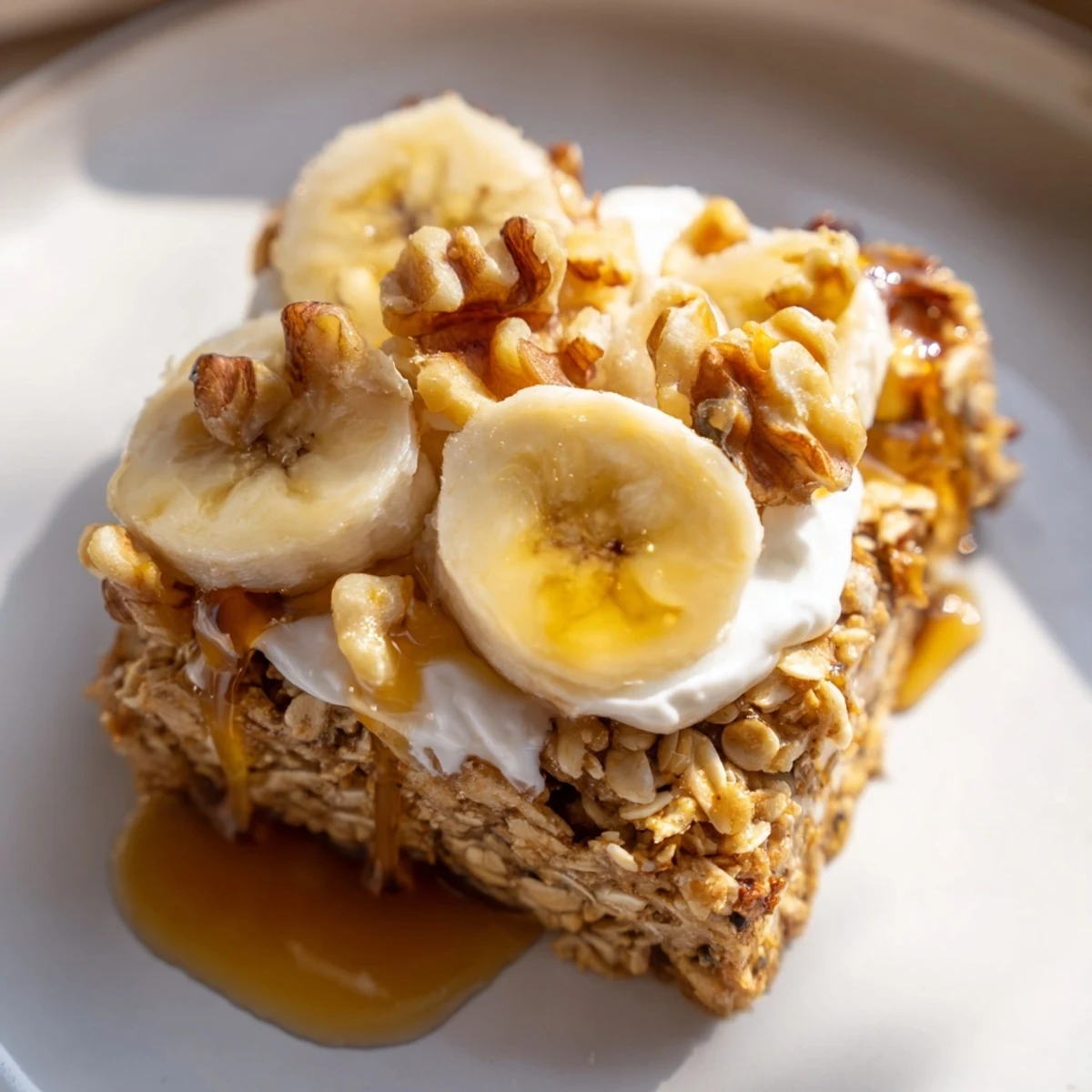 A rustic baking dish with golden-brown banana baked oatmeal, drizzled with maple syrup and sprinkled with walnuts.