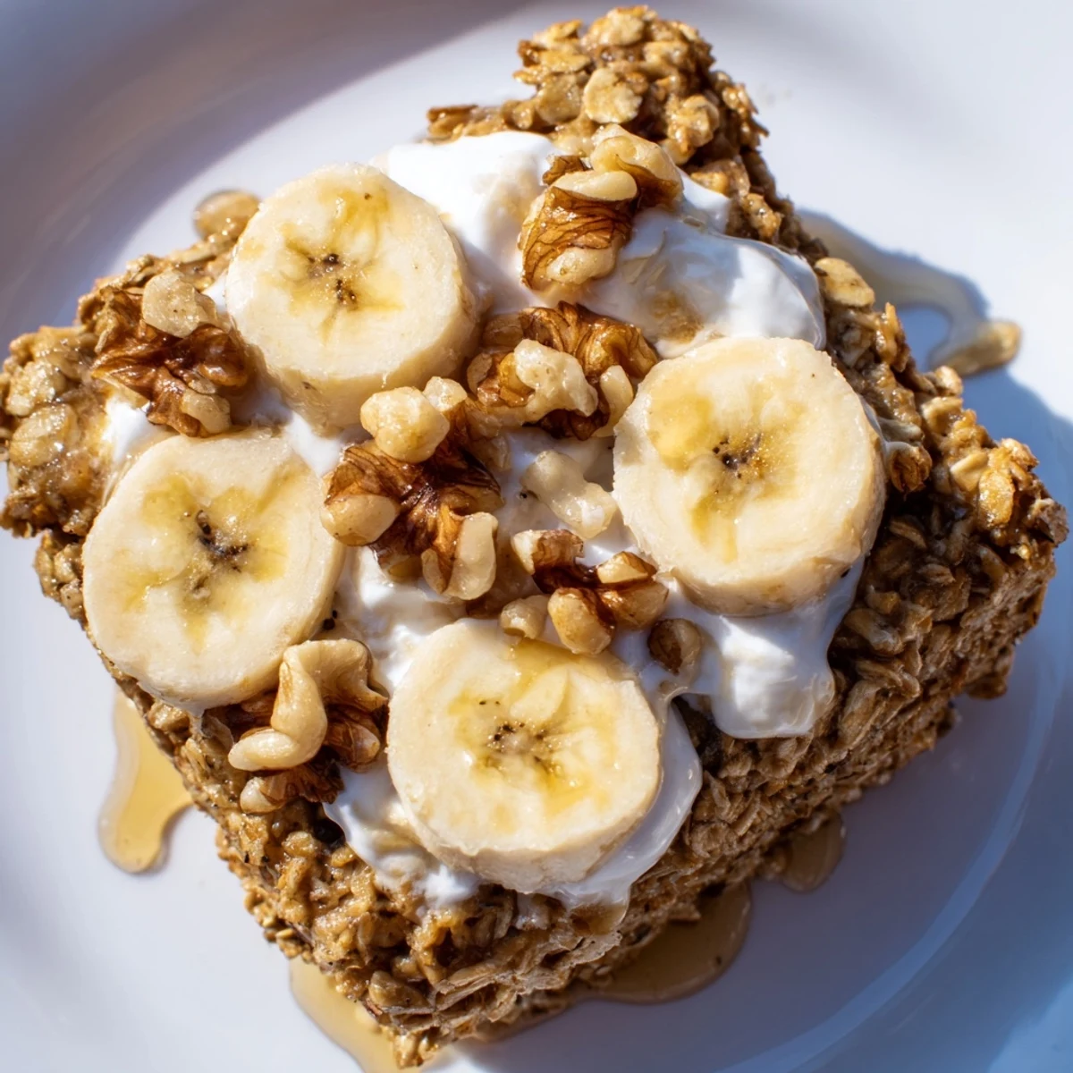 A single serving of warm banana baked oatmeal topped with creamy Greek yogurt and sliced bananas on a wooden plate.