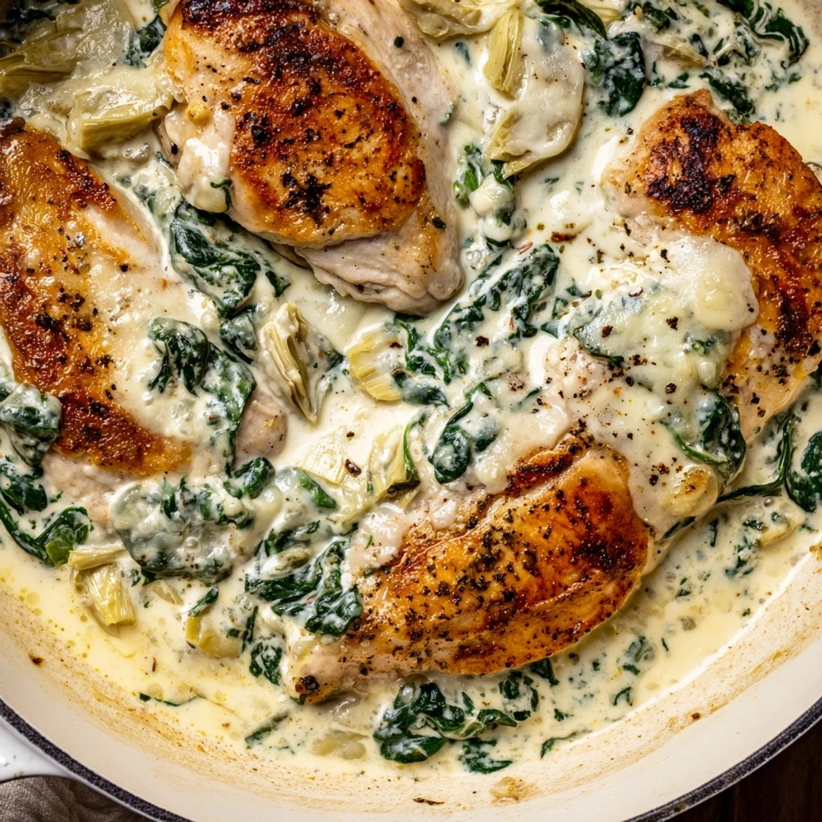 A close-up of the finished Spinach Artichoke Chicken with Cottage Cheese, featuring golden baked chicken breasts topped with melted mozzarella and a creamy sauce.