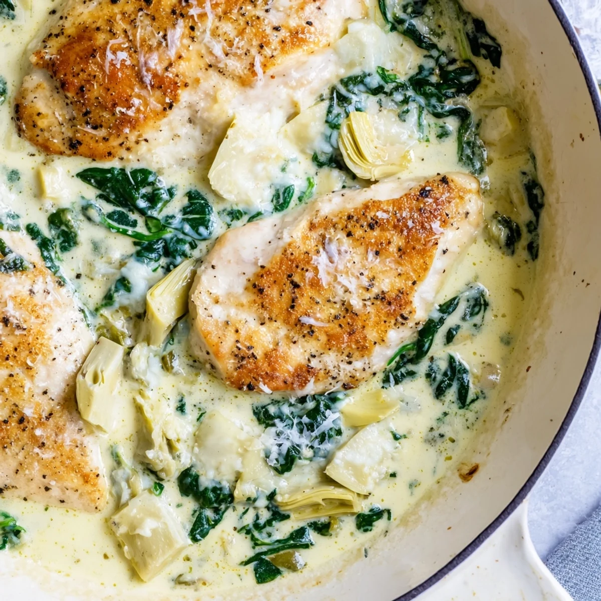 This one-pan Spinach Artichoke Chicken with Cottage Cheese is perfect for a weeknight dinner, served beside a fluffy pile of quinoa.