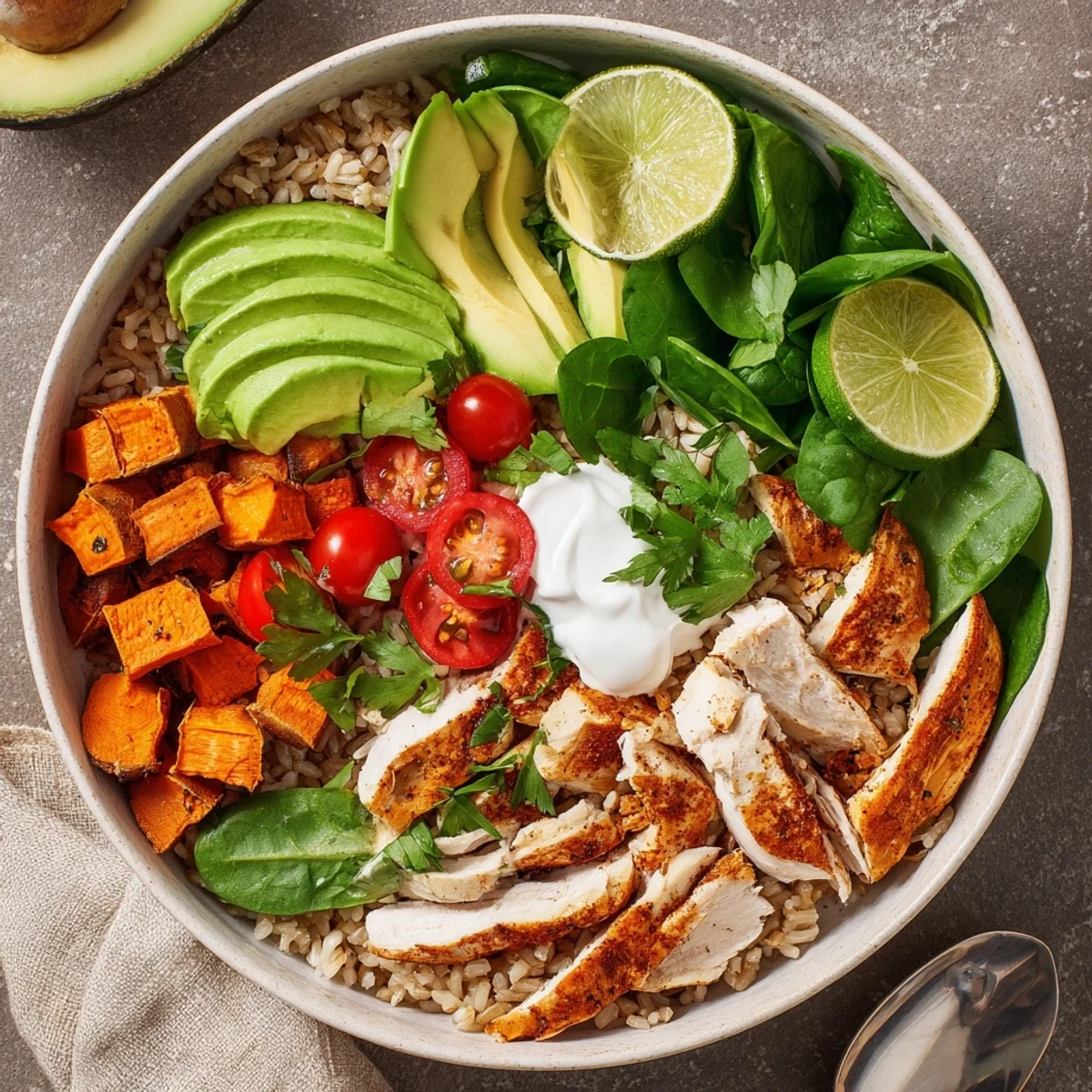Green onions and creamy avocado slices rest on the Wholesome Chicken Sweet Potato Rice Bowl, adding vibrant color and flavor next to bright cherry tomatoes.