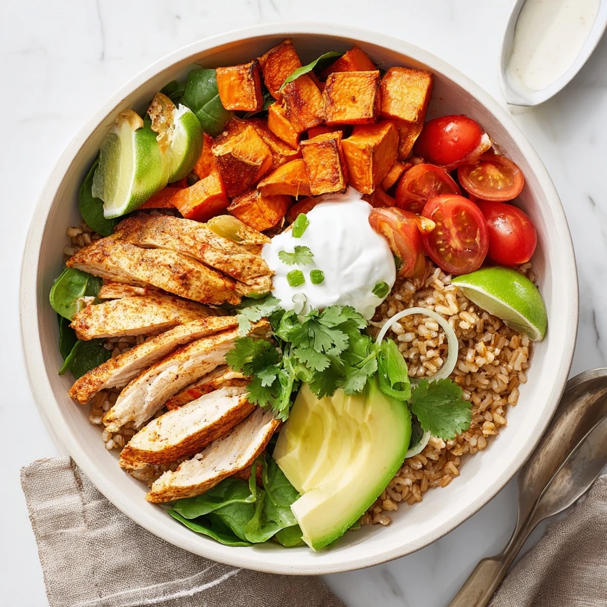 Fork tender sliced chicken and roasted sweet potatoes top fluffy rice in the Wholesome Chicken Sweet Potato Rice Bowl, garnished with fresh cilantro and lime.