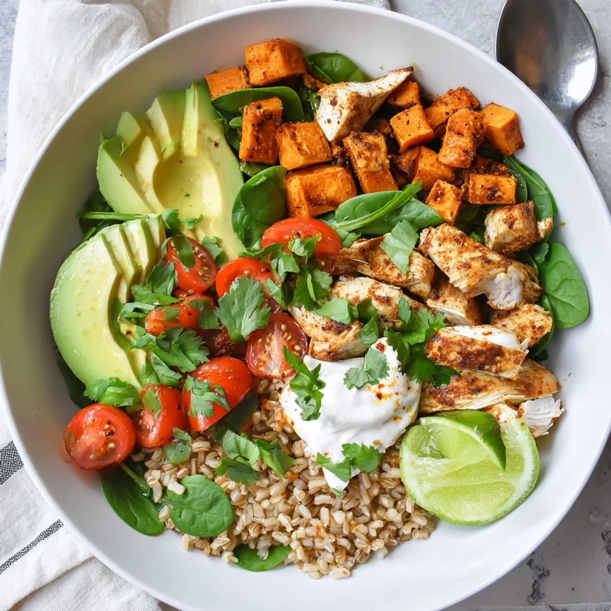 Steam rises from the warm Wholesome Chicken Sweet Potato Rice Bowl, featuring juicy chicken, caramelized sweet potatoes, and a dollop of tangy Greek yogurt.
