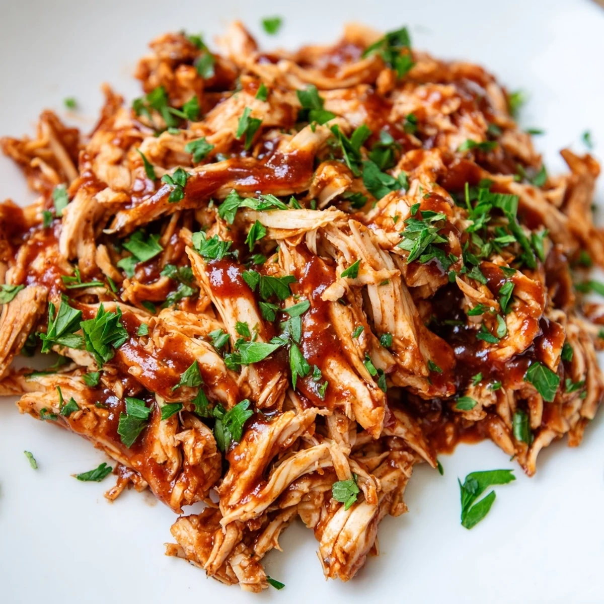 Savory Sweet Baby Rays Crockpot Chicken ready to eat with mashed potatoes and fresh parsley garnish