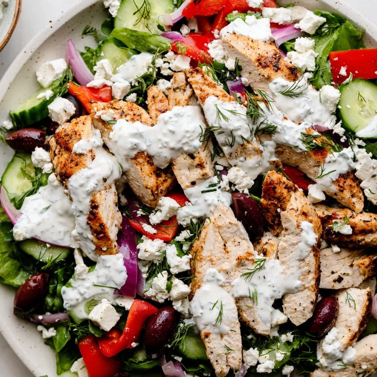 Tzatziki Chicken Salad shows juicy grilled chicken, crisp vegetables, and cool yogurt dressing on a vibrant serving platter.