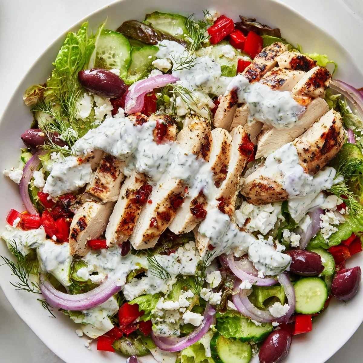 Sliced grilled chicken salad with creamy tzatziki dressing, tomatoes, feta, and cucumbers on greens for a fresh Greek meal.