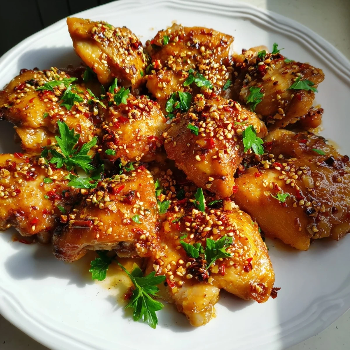 Golden-brown Honey Butter Chicken pieces glistening with sweet, sticky sauce, served over fluffy white rice and garnished with fresh parsley.