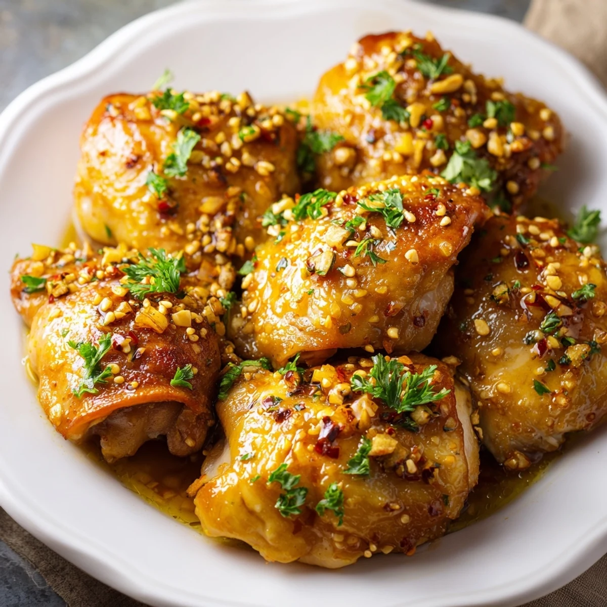 Tender chunks of Honey Butter Chicken coated in luscious honey butter glaze, plated with steamed rice and a sprinkle of green onions.