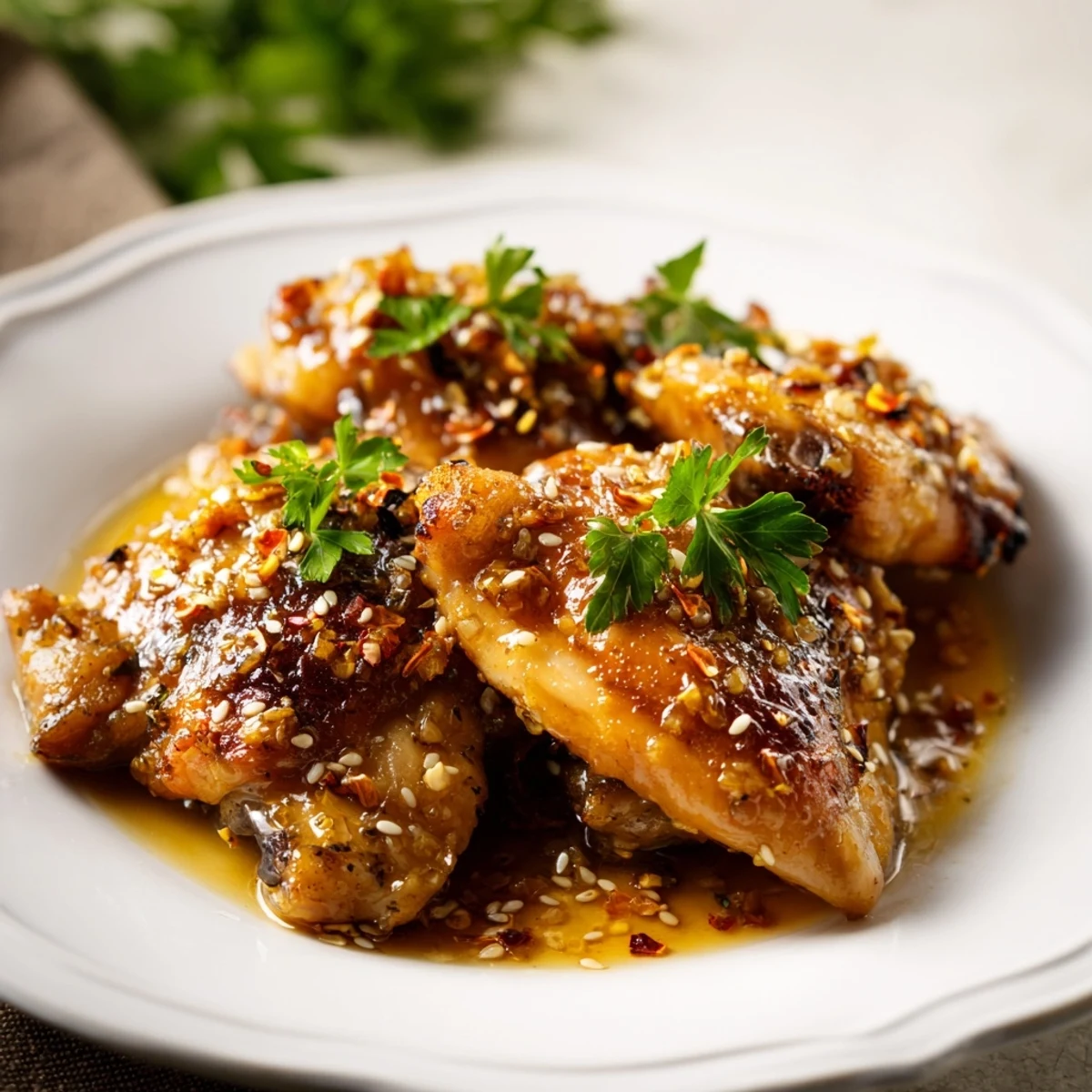 Close-up of succulent Honey Butter Chicken in a skillet, showing caramelized edges, glossy sauce, and sesame seed garnish for a family dinner.