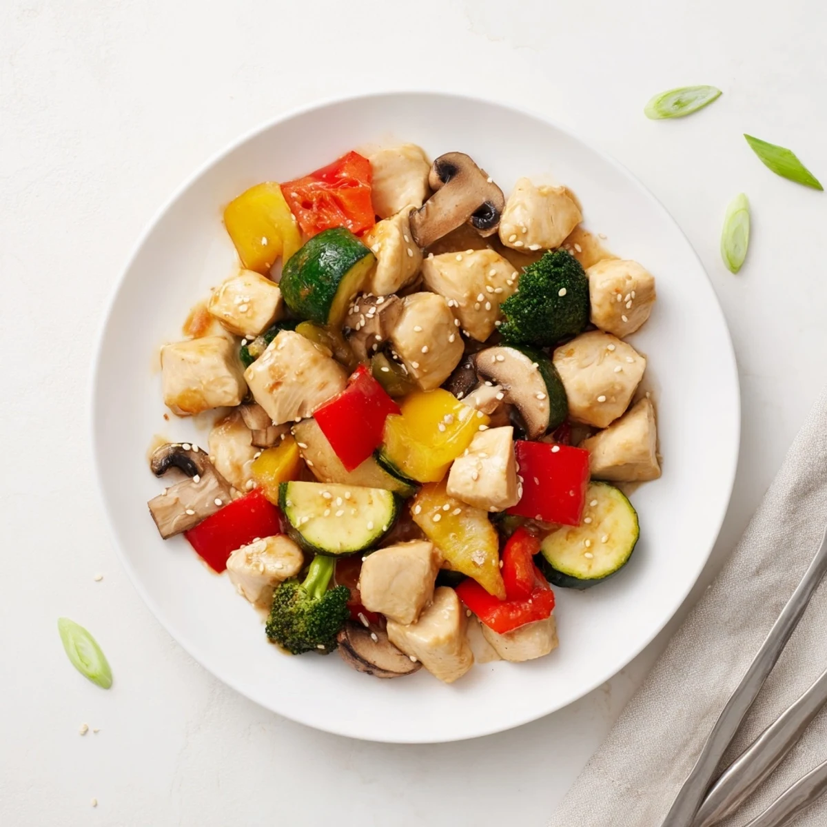 Sizzling air fryer chicken and colorful vegetables coated in savory hibachi sauce, served hot and ready for dinner.