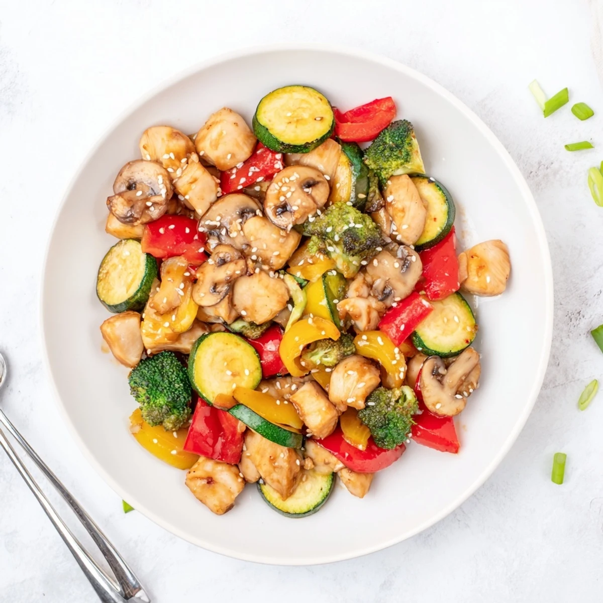 Juicy chicken pieces and crisp bell peppers with zucchini and broccoli in this Perfect Easy Air Fryer Hibachi Chicken & Vegetables.