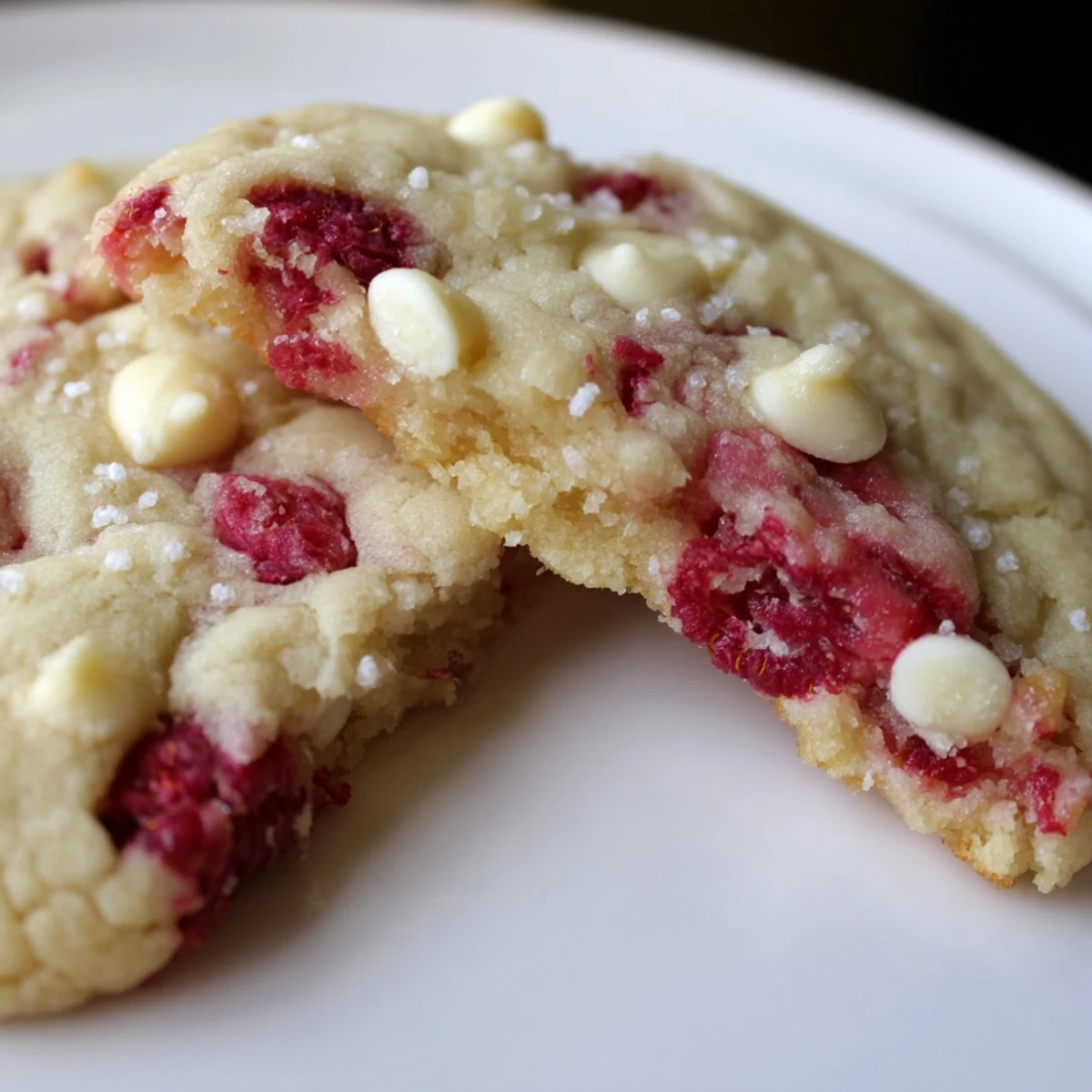 Close-up of Lemon Raspberry Cookies on a white plate, with bright raspberries and zesty lemon zest flecks.
