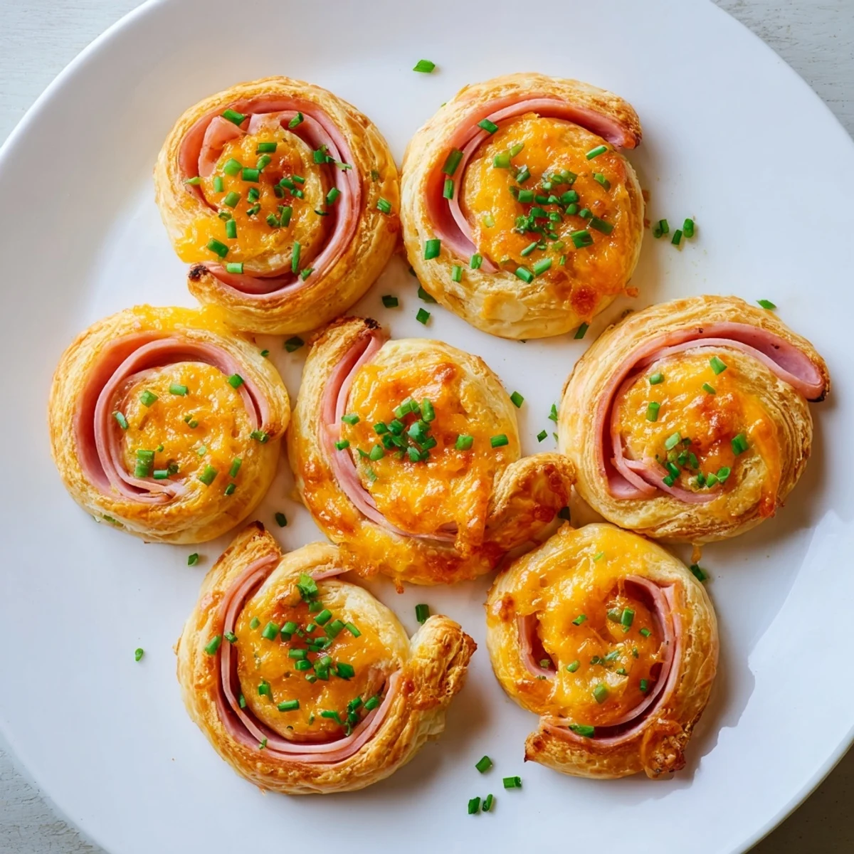 Freshly baked Easter Ham Cheddar Pinwheels arranged neatly on a white ceramic platter for a party.