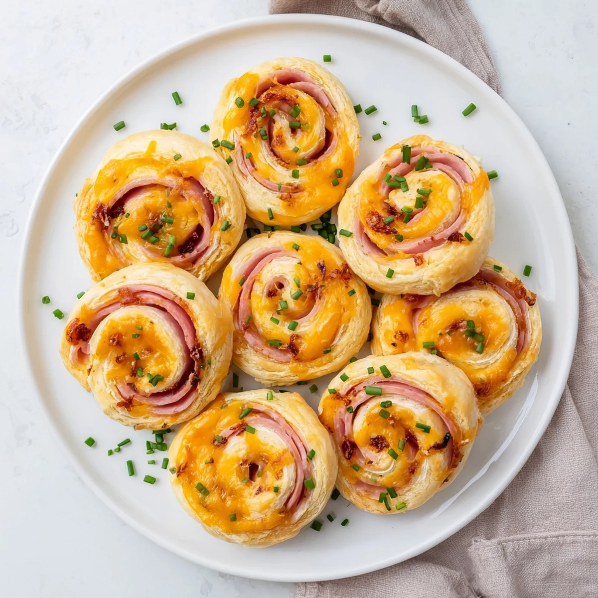 A close-up of Easter Ham Cheddar Pinwheels revealing melted sharp cheddar and herbs in the layers.