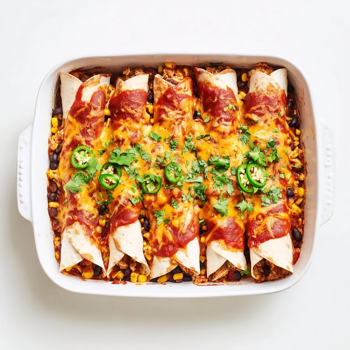 Steam rises from this hearty Chicken Enchiladas casserole, garnished with cilantro and jalapeño slices.