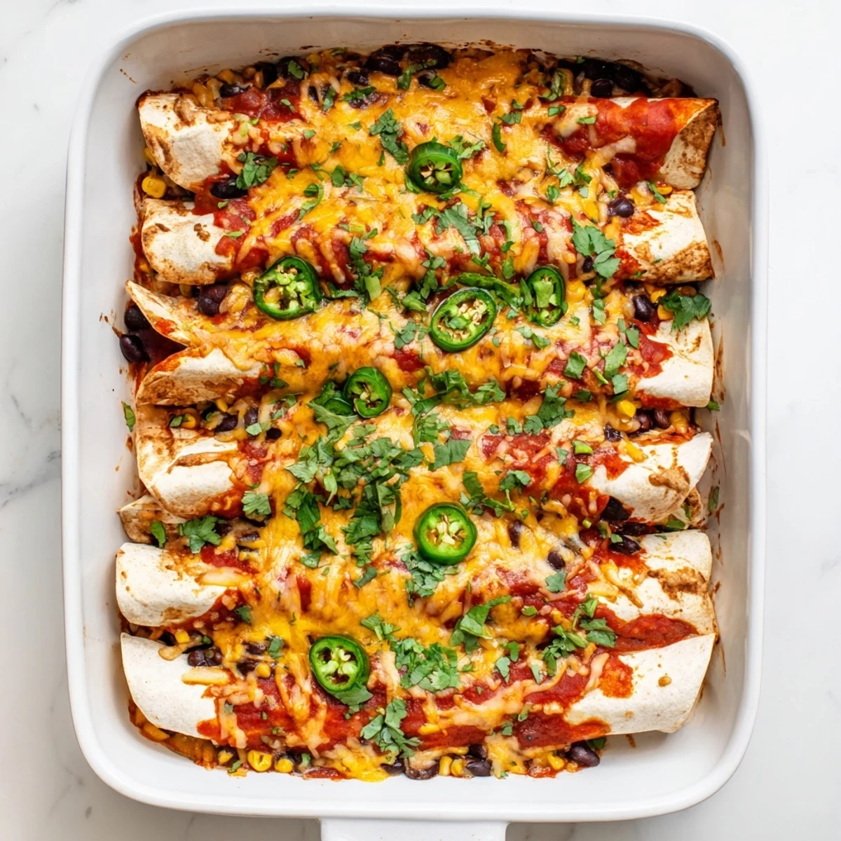 Dinner is served: plated Chicken Enchiladas topped with sour cream and fresh cilantro garnish.