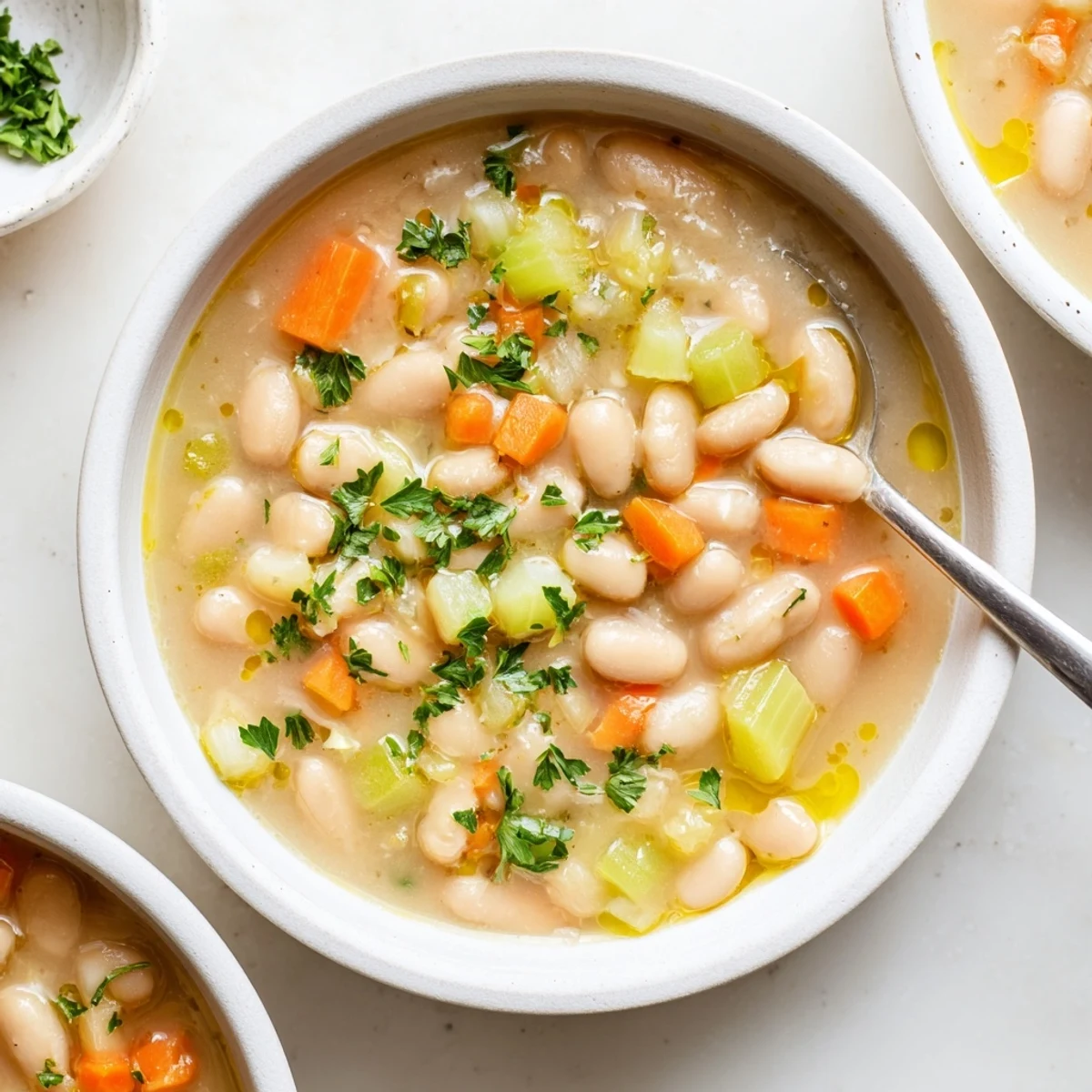 Creamy Cozy Rosemary Garlic White Bean Soup ladled into a rustic bowl, garnished with fresh parsley beside crusty bread.