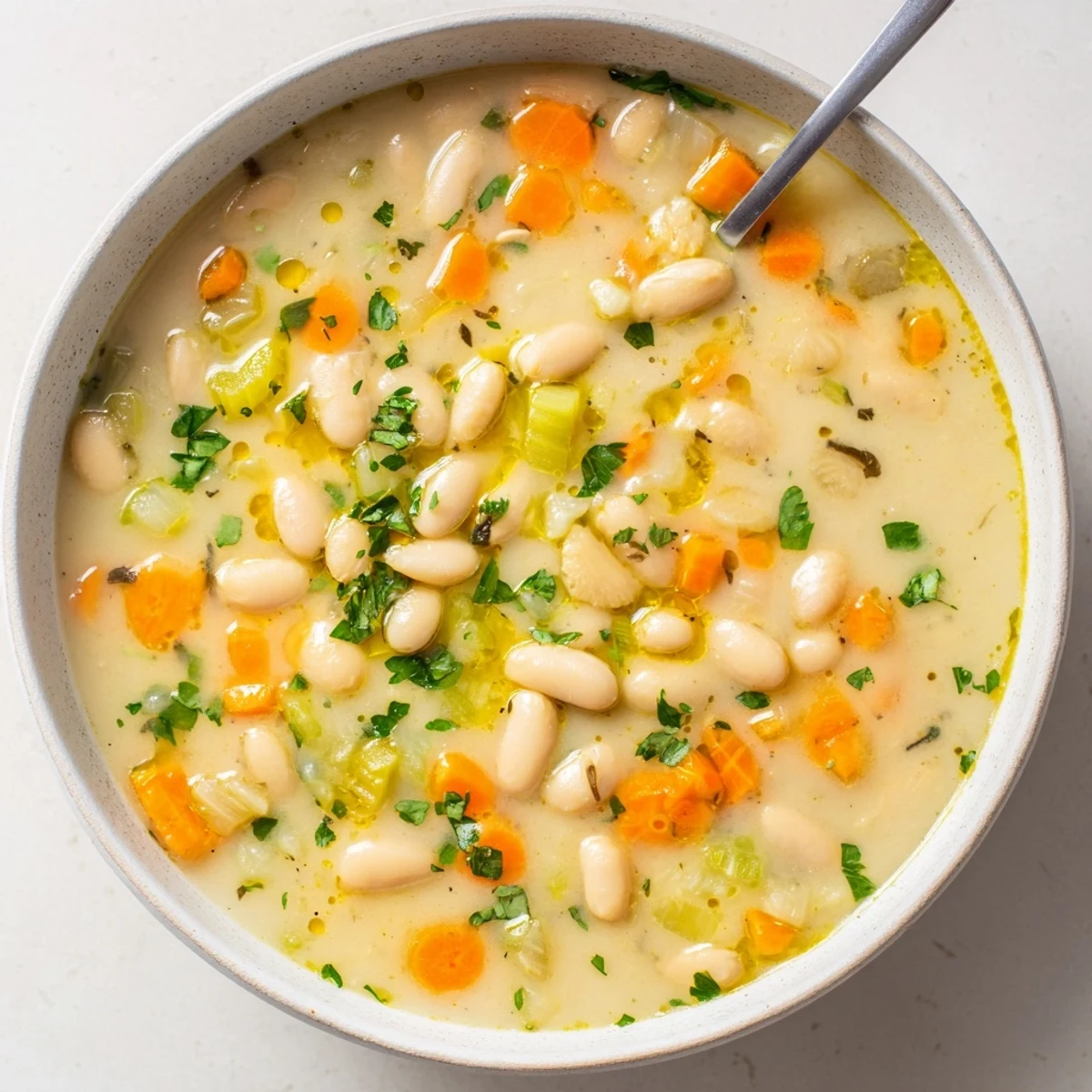 Steaming Cozy Rosemary Garlic White Bean Soup with carrots and celery, served in a ceramic mug on a wooden table.
