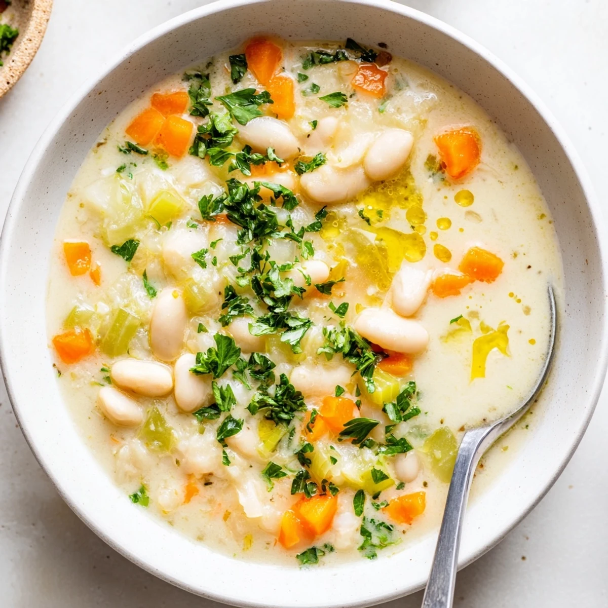 Hearty Cozy Rosemary Garlic White Bean Soup simmered in a pot, fresh rosemary sprigs and garlic nearby, ready to serve.