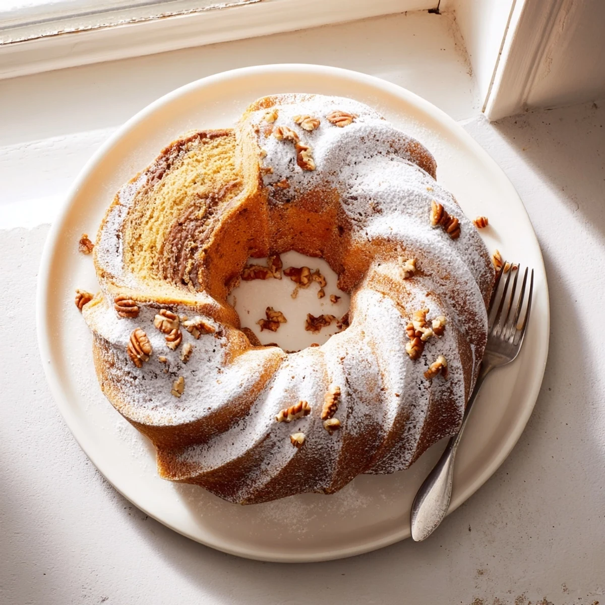 Golden-brown Easy Breakfast Bundt Coffee Cake with cinnamon swirl, served warm on a wooden board.