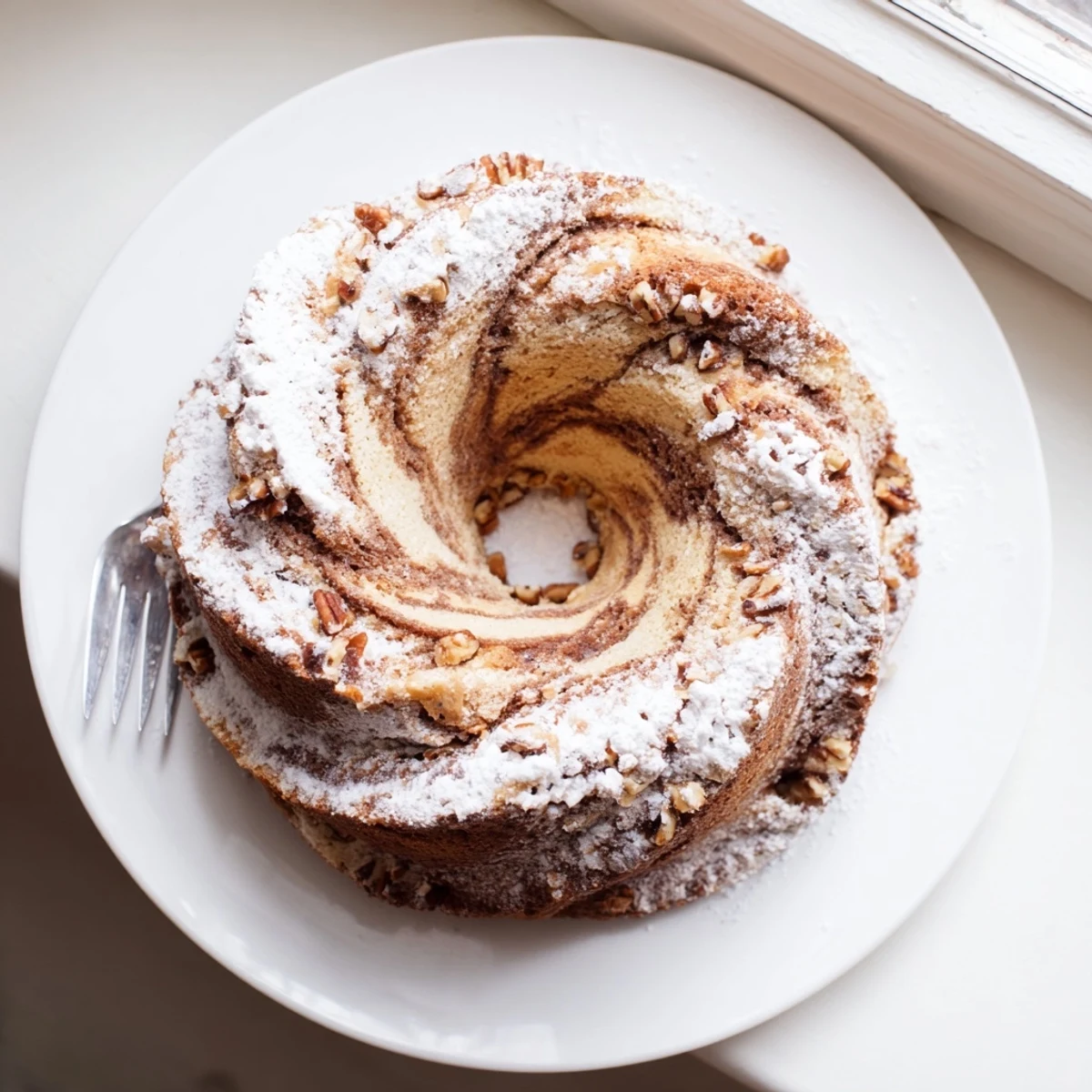 Freshly baked Easy Breakfast Bundt Coffee Cake with pecans, sliced and plated for brunch.