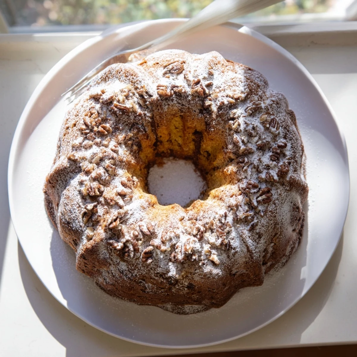 Moist Easy Breakfast Bundt Coffee Cake with powdered sugar, paired beside a steaming mug of coffee.