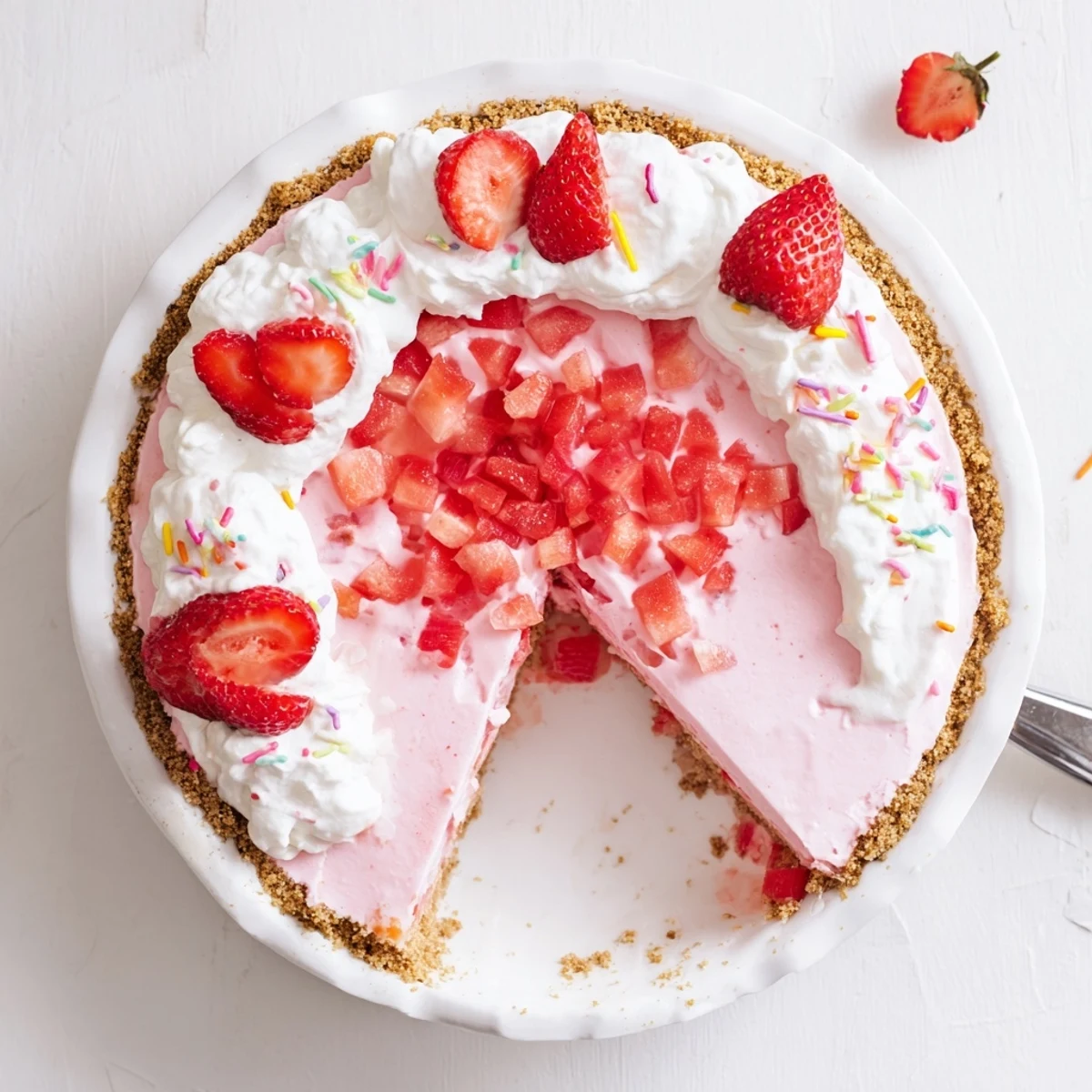 A slice of Easter No Bake Jello Pie with creamy strawberry filling and a graham cracker crust garnished with fresh berries.