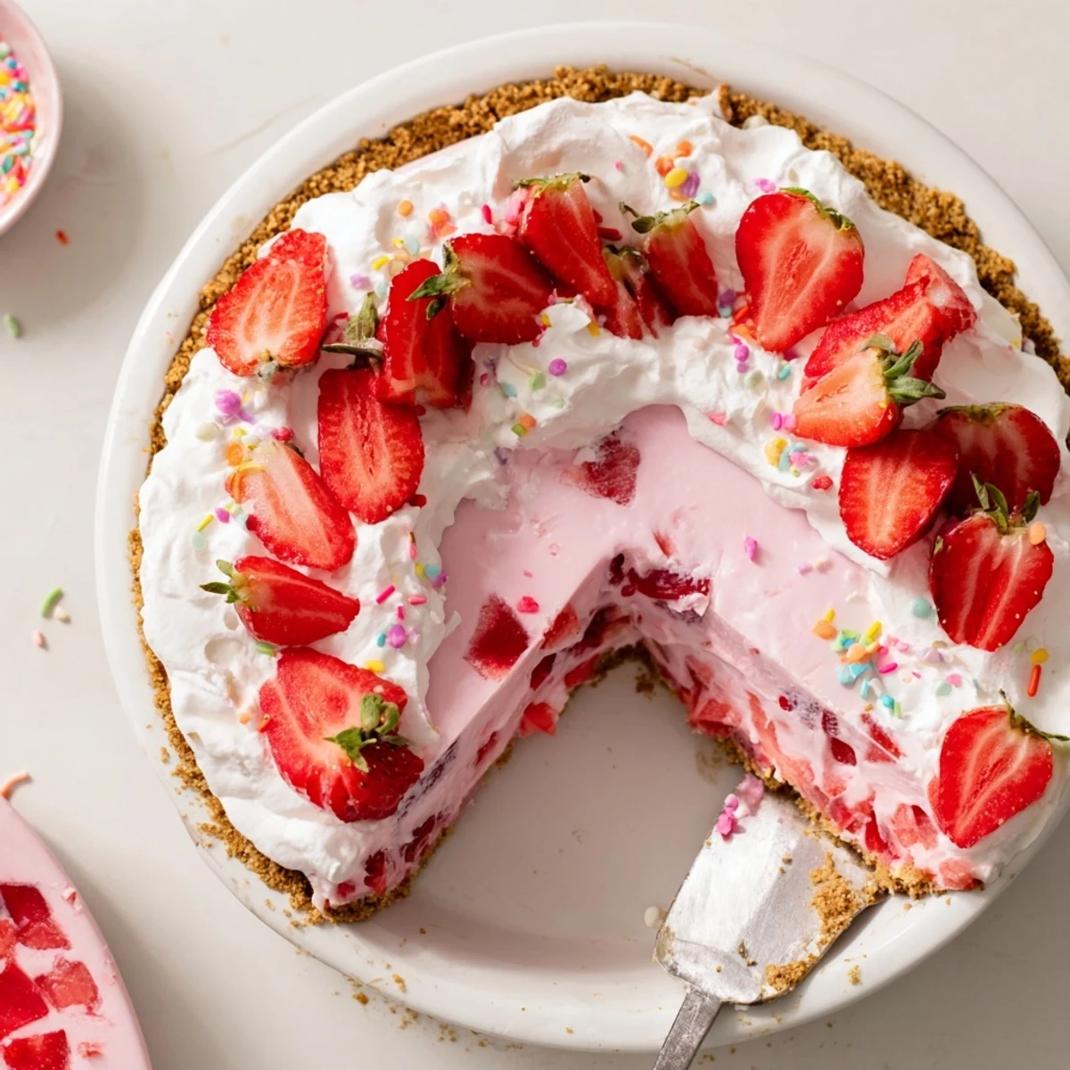 Festive Easter No Bake Jello Pie topped with whipped cream and sliced strawberries, served chilled on a pastel plate.