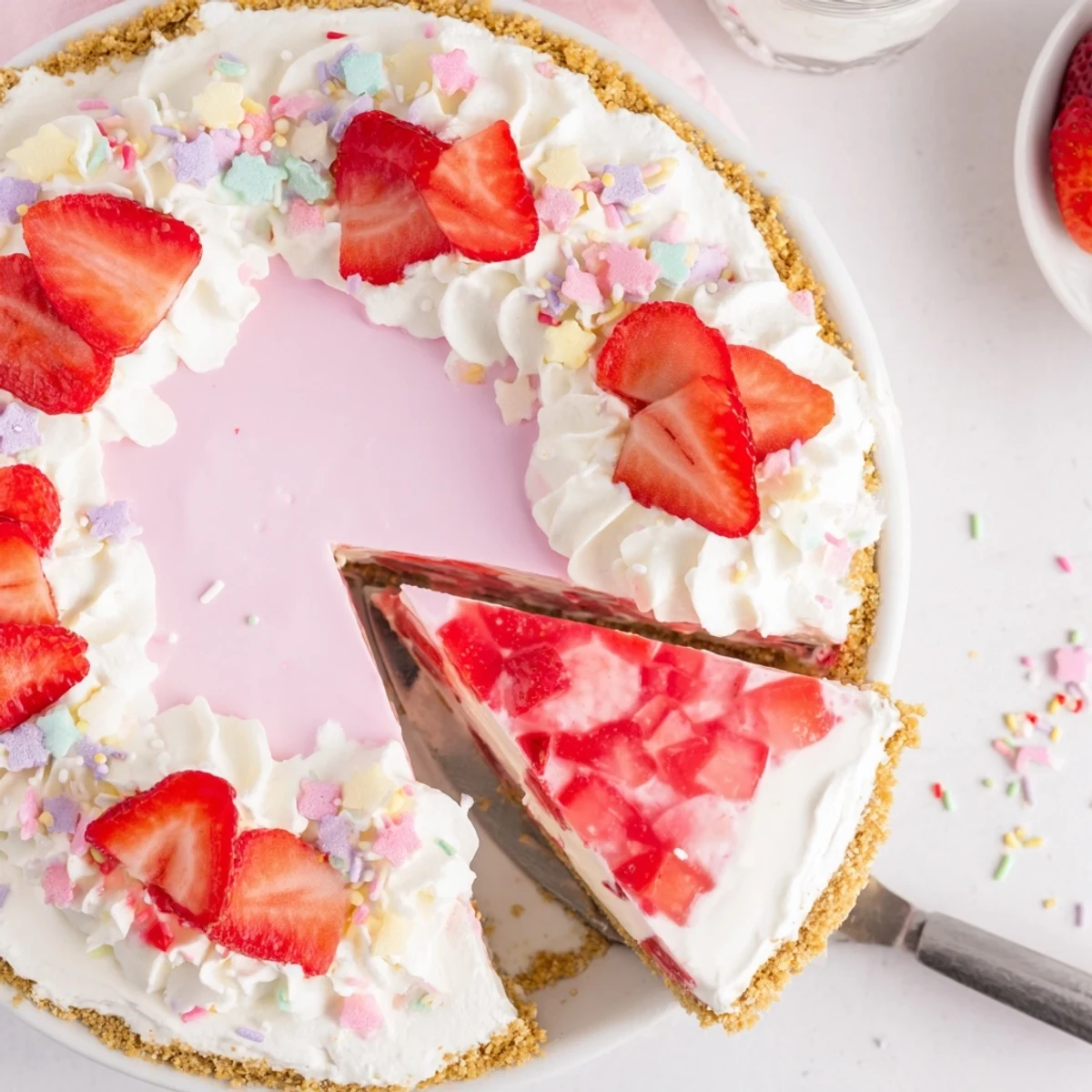 Close-up of creamy Easter No Bake Jello Pie revealing a vibrant strawberry Jello layer and crumbly graham crust.