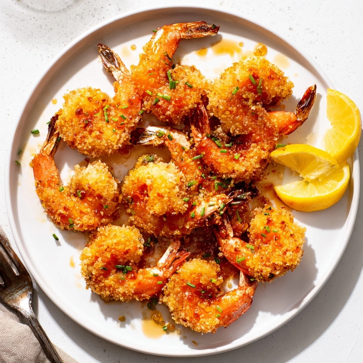 Crispy golden Hot Honey Fried Shrimp glistening with spicy glaze and fresh chives, served with lemon wedges