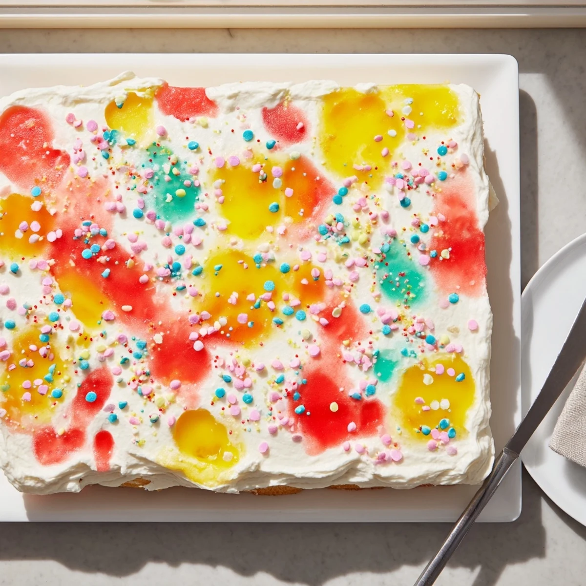 Moist vanilla cake soaked with vibrant strawberry and lemon gelatin, topped with fluffy whipped cream and pastel sprinkles for Easter.