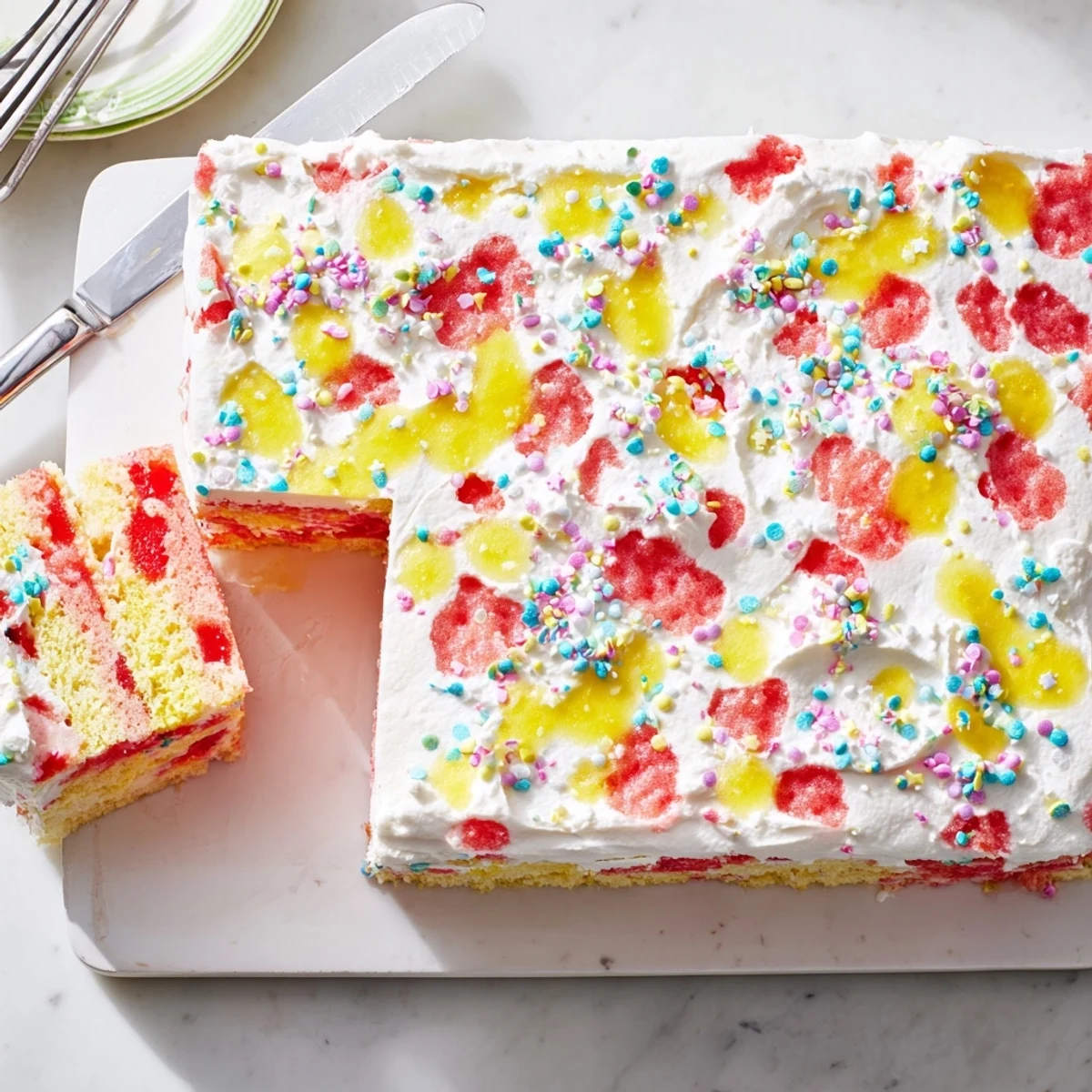 Festive Easter Poke Cake with creamy whipped topping, vivid fruity gelatin, and sprinkles, served on a pastel dessert plate.