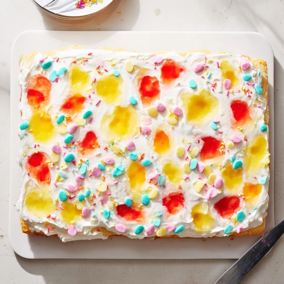 A chilled slice of Easter Poke Cake reveals colorful gelatin swirls and creamy topping, perfect for spring gatherings.