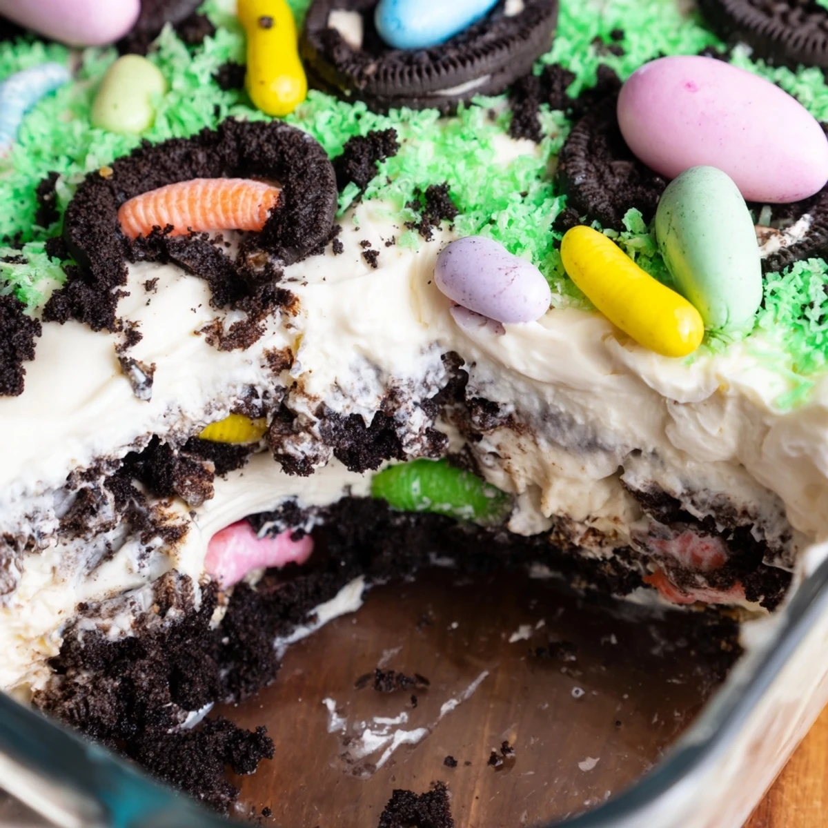 Creamy Easter Dirt Cake casserole with gummy worms peeking through chocolate cookie crumble layers