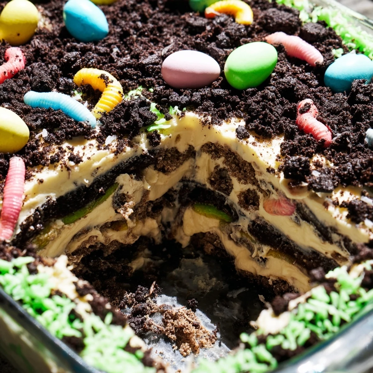 No-bake Easter Dirt Cake casserole topped with pastel candy eggs and green coconut grass