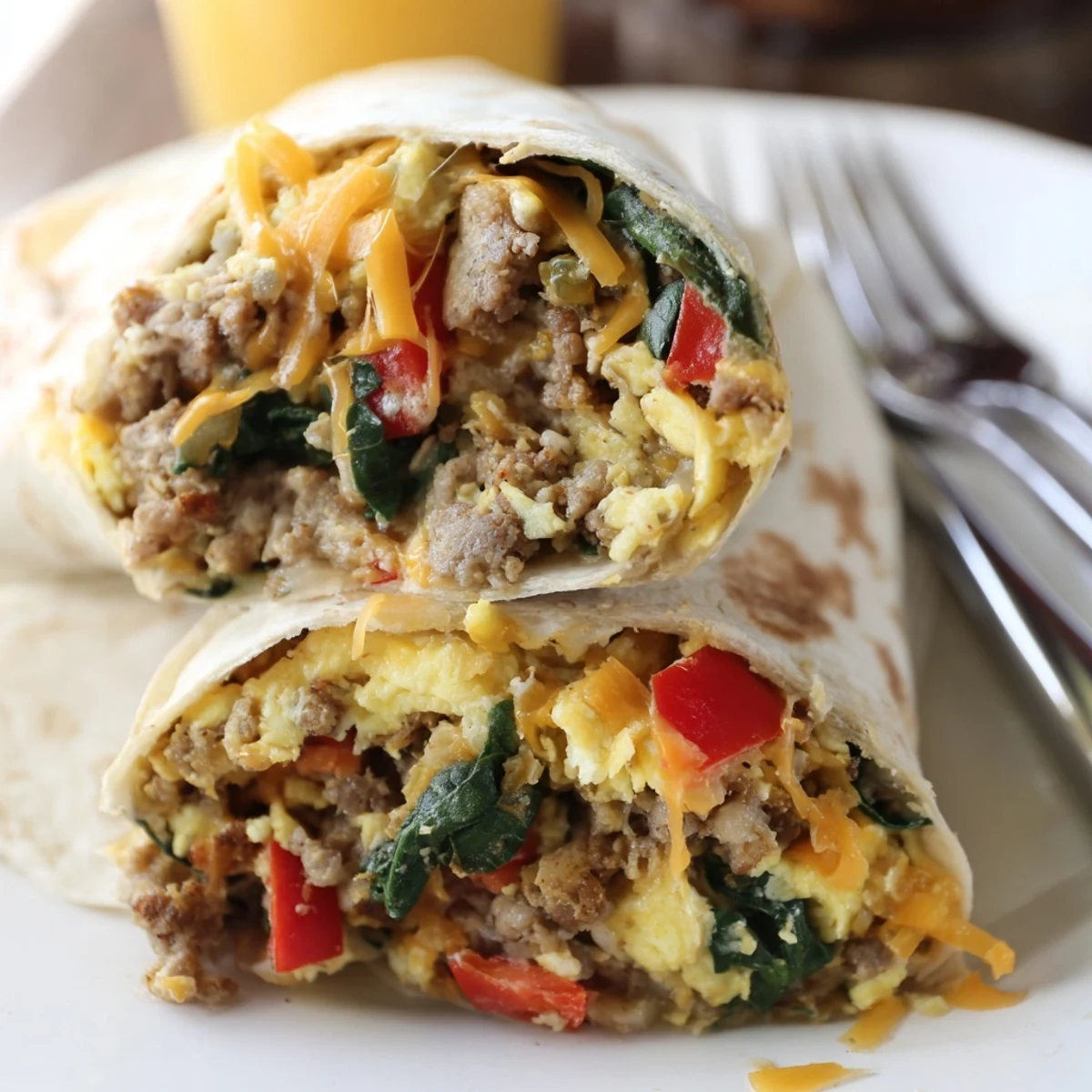 Homemade breakfast burritos loaded with sausage, vegetables and shredded cheese ready to freeze