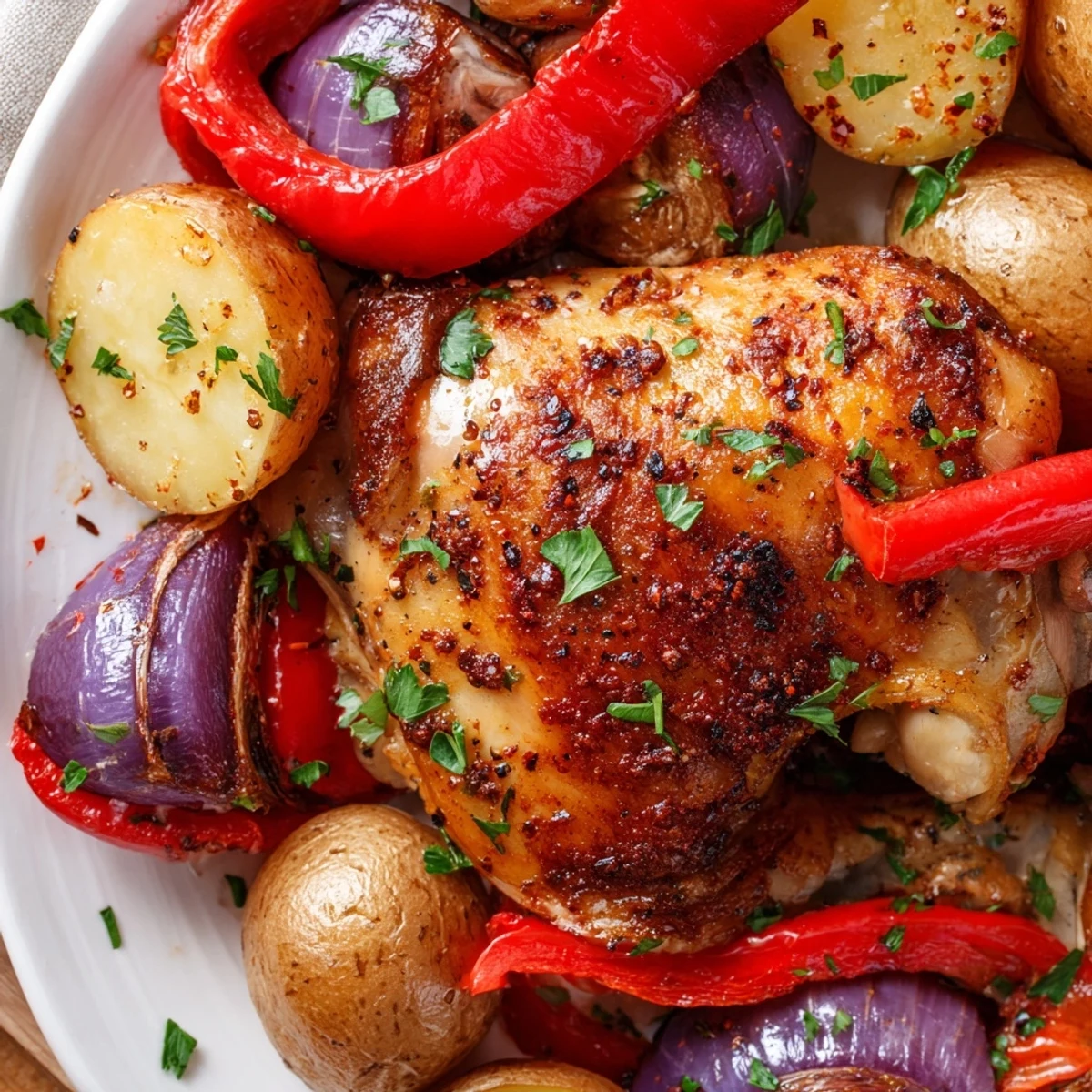Golden roasted chicken thighs nestled between crispy baby potatoes and vibrant red bell pepper strips on a sheet pan