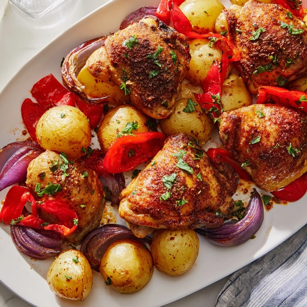 Crispy-skinned chicken thighs served alongside golden brown potatoes and colorful vegetables fresh from a hot oven