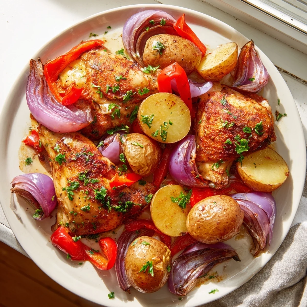 Succulent herb-marinated chicken and tender roasted vegetables arranged on a baking sheet for an easy one-pan dinner