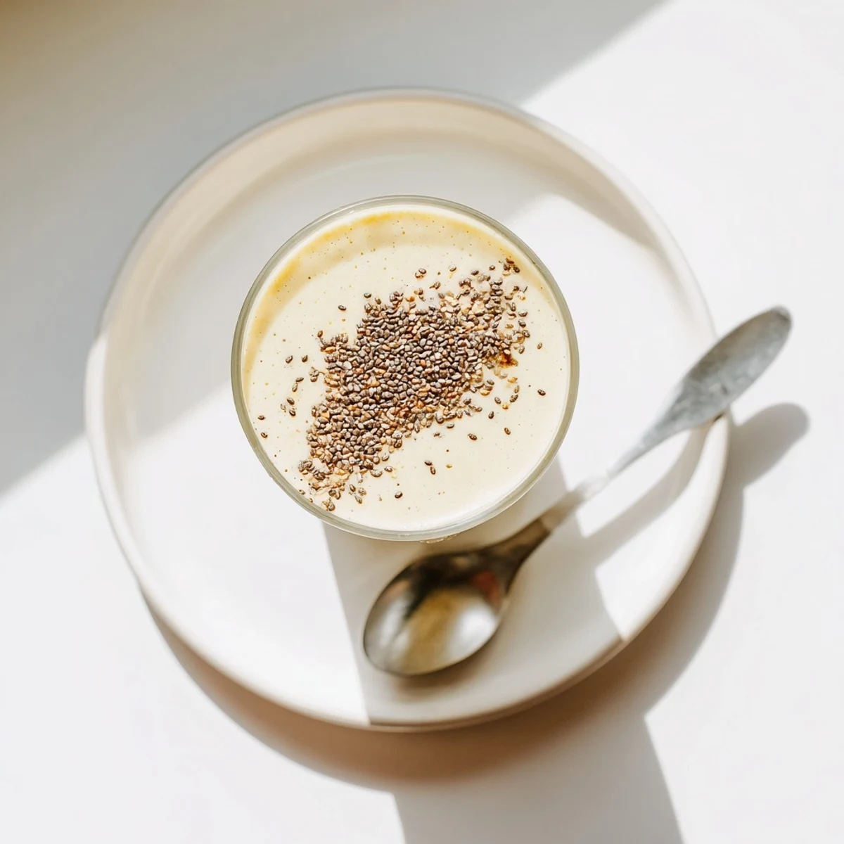 Thick and frothy Greek yogurt banana smoothie blended with ice and vanilla extract