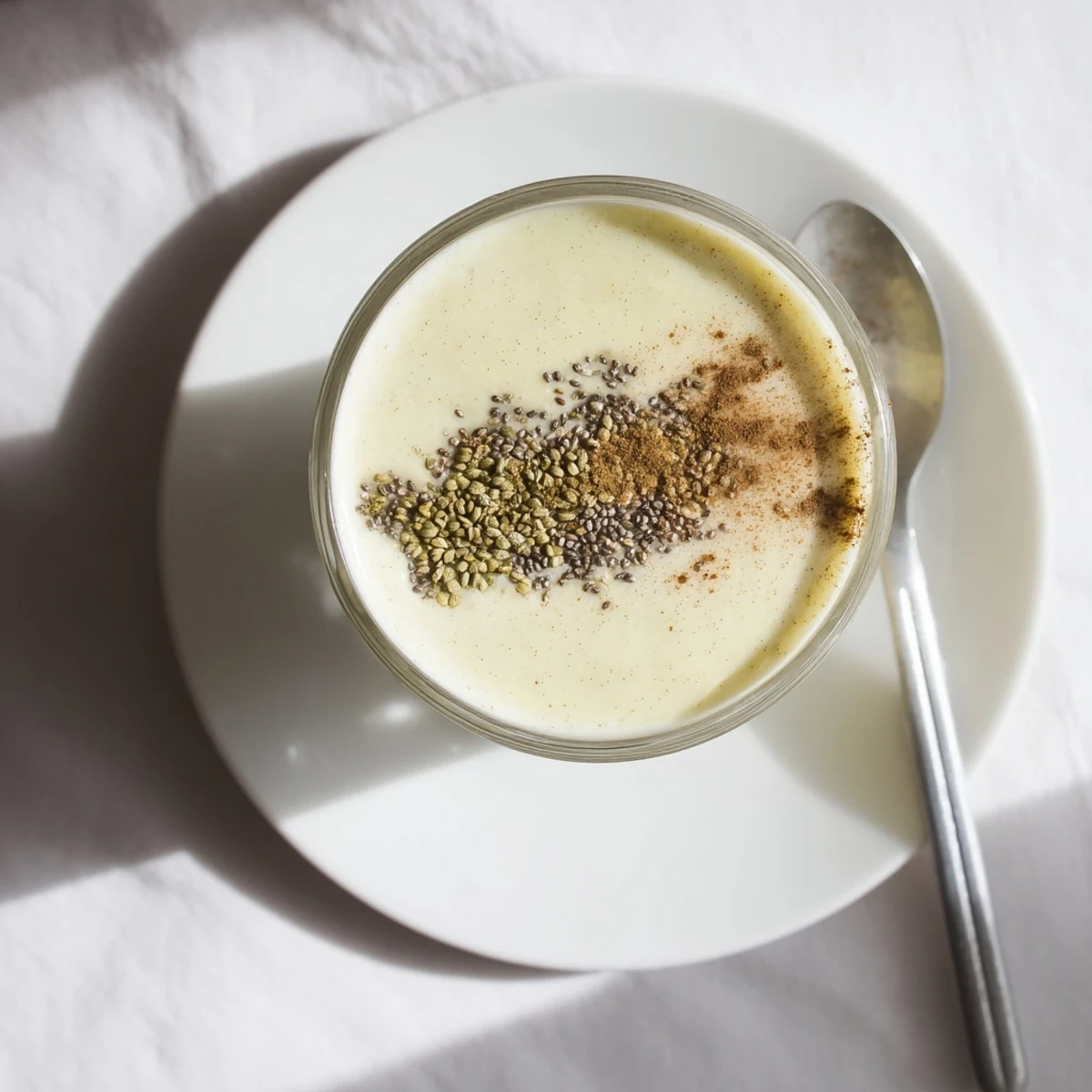 Golden Greek yogurt banana smoothie garnished with cinnamon and chia seeds in clear glass