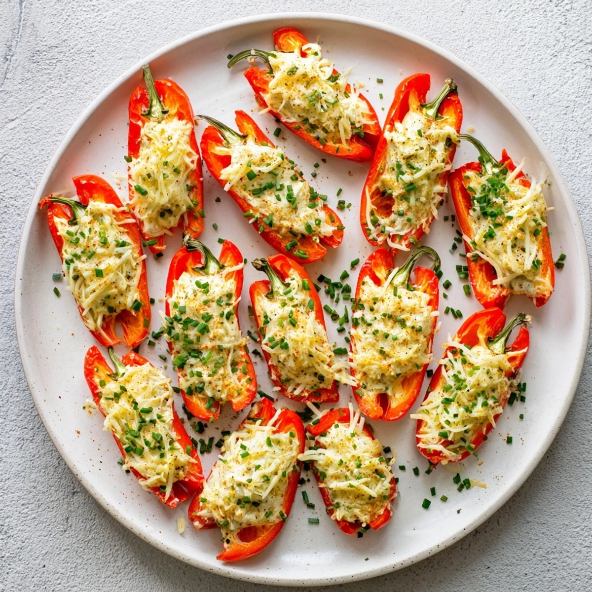 Vibrant red and yellow mini peppers filled with creamy herb cheese after air frying