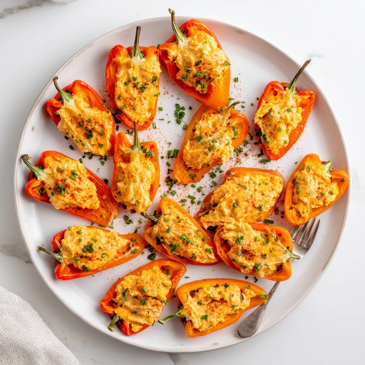 Close-up of tender roasted stuffed mini peppers with golden melted cheese topping