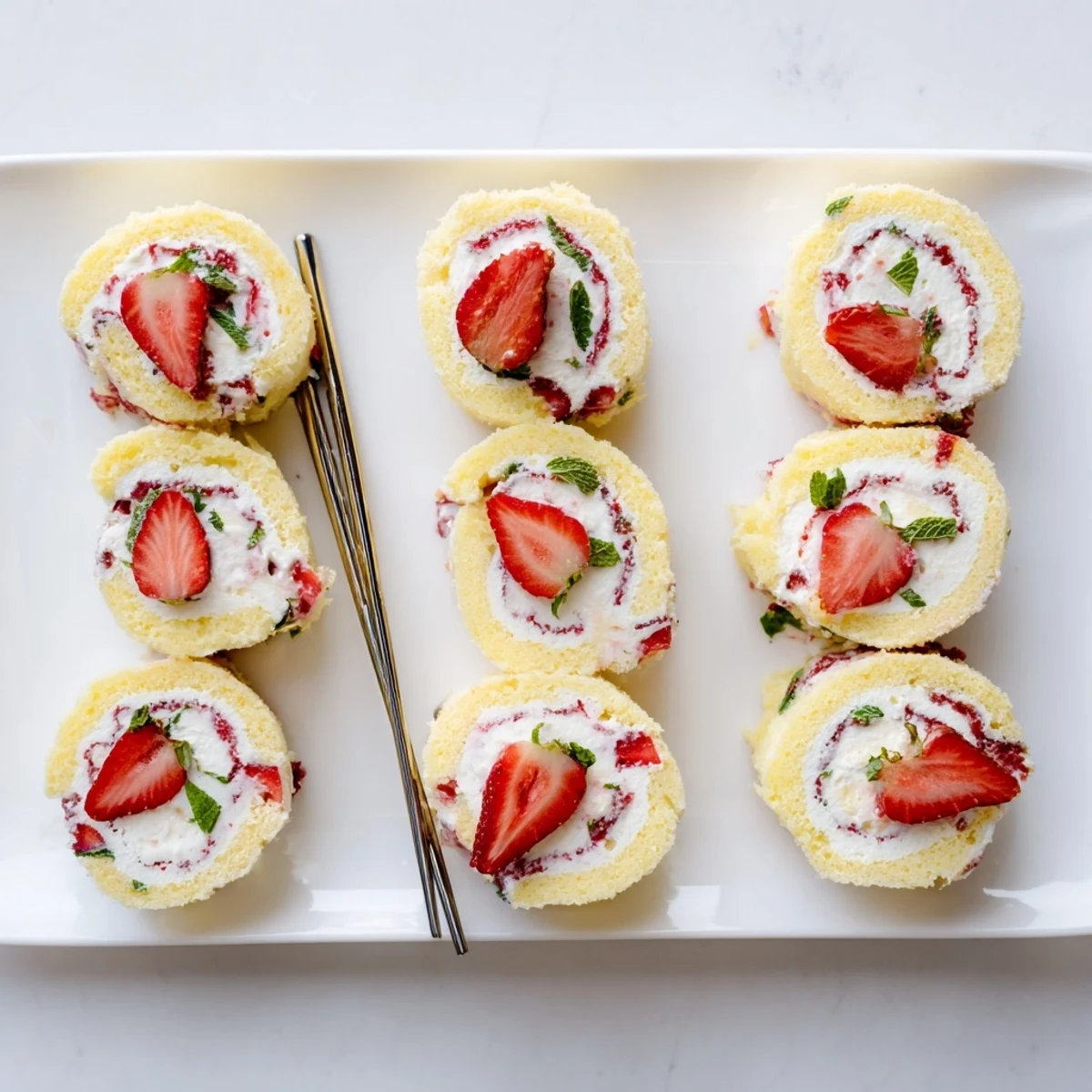 Whimsical strawberry shortcake sushi rolls featuring fluffy vanilla cake spiraled with fresh strawberries and whipped cream